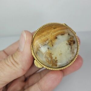 Natural Stone Domed Trinket Pill Box Italy Gold Tone Metal Liner Gemstone